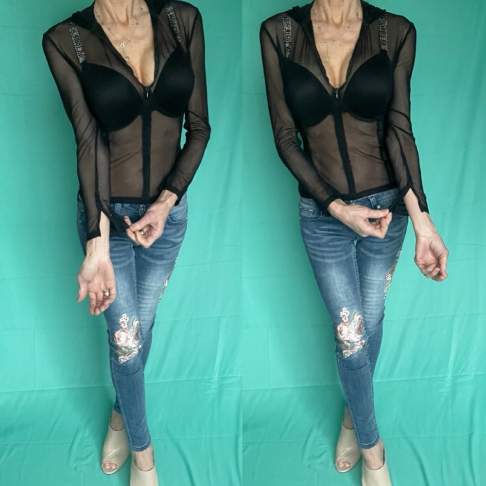 Mark Wong Nark Sheer Hooded 1/2 Zip Front Top - image 3